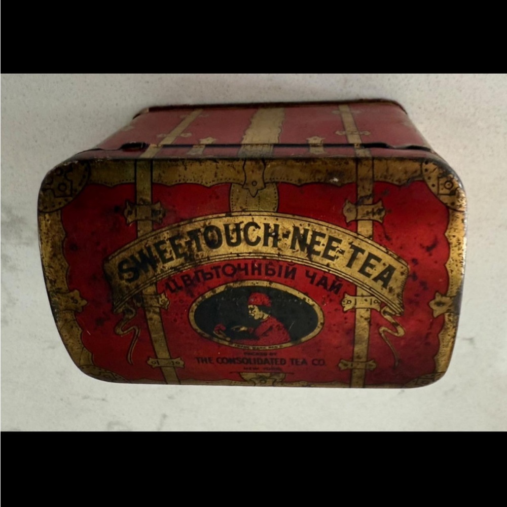 ANTIQUE 1913 SWEE TOUCH NEE TEA STEAMER TRUNK TIN w/ RUSSIAN WRITING